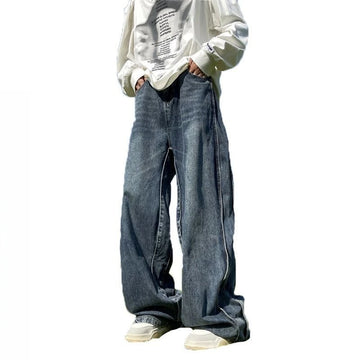 American High Street Jeans Men's Striped Patchwork Denim Pants Summer Loose Straight High-end Retro Versatile Wide-leg Trousers